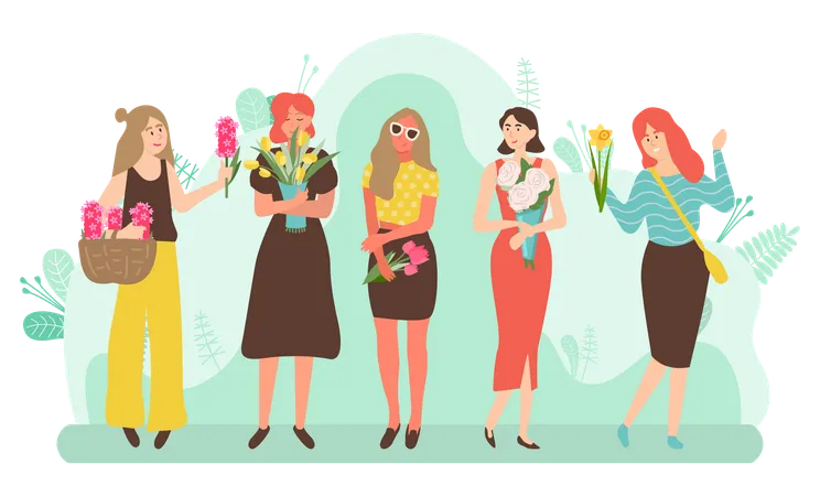 Belles femmes tenant des bouquets de fleurs  Illustration