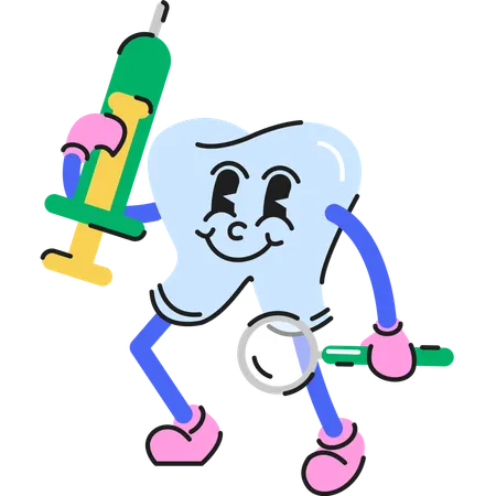 Personagem de dentes em pé com seringa e lupa em ambas as mãos  Ilustração