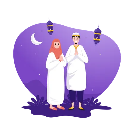 Casal Muculmano Para Ilustracao De Saudacao Mubarak Islamica Ilustração