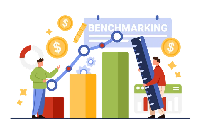 Benchmarking Analysis Analytics For Best Quality And Financial Progress Tiny People Measure Graph Unit With Ruler Compare And Check Profit Indicators On Data Performance Cartoon Vector Illustration Illustration