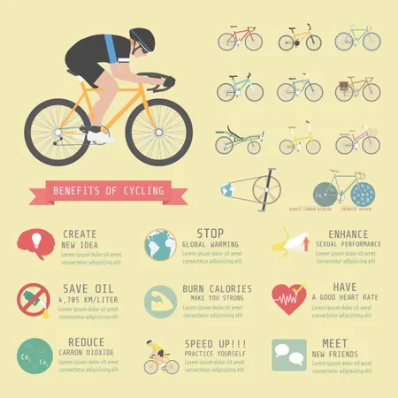 Beneficios De Andar En Bicicleta Infografia Estilo Plano Ilustración