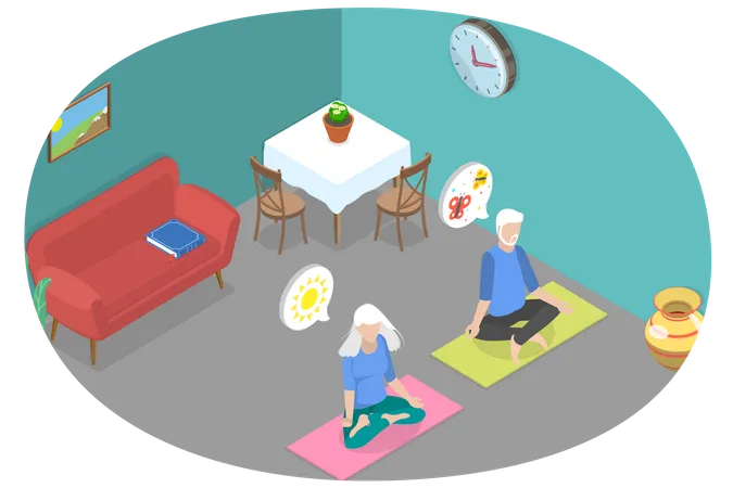 Benefits Of Meditation For Seniors, Healthy Elder Age Lifestyle  Illustration