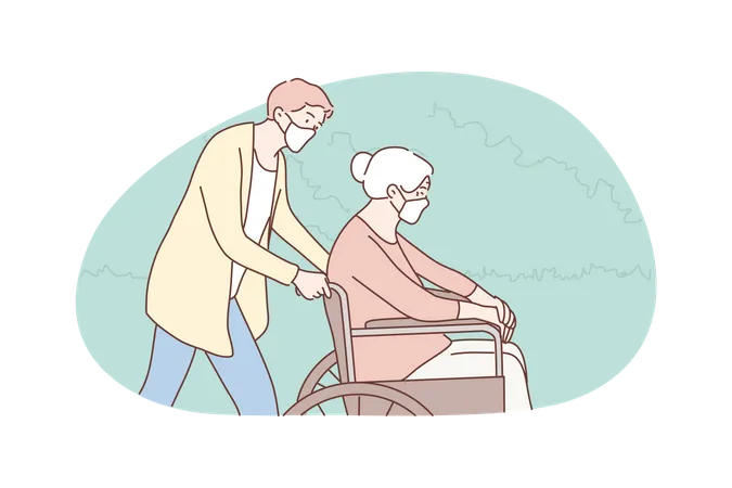 Bénévole aidant une vieille femme handicapée  Illustration