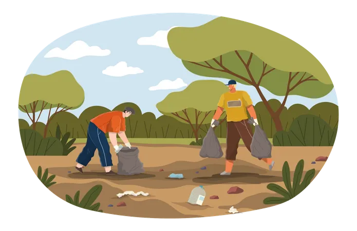 Bénévole ramassant les déchets sur terre  Illustration