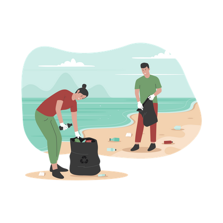 Des bénévoles nettoient la plage des déchets  Illustration