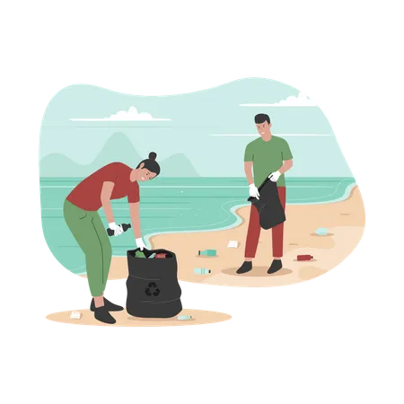 Des bénévoles nettoient la plage des déchets  Illustration