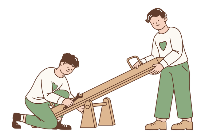 Des bénévoles réparent des équipements de jeux pour le service communautaire  Illustration