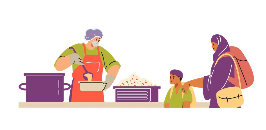 Des bénévoles servent de la nourriture à la cuisine communautaire  Illustration