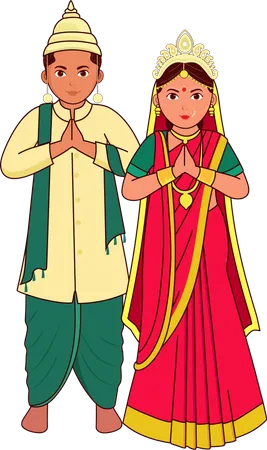Adorable Avatar De Dibujos Animados De Una Pareja De Novios Bengalies Saludando A Namaste Con Vestimenta Tradicional Ilustración