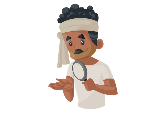 Bengali man checking his hand using magnifying glass  Illustration