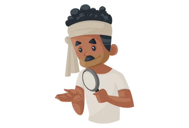 Bengali man checking his hand using magnifying glass  Illustration