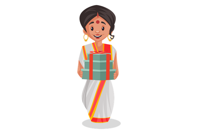 Bengali woman holding gifts in her hand  Illustration