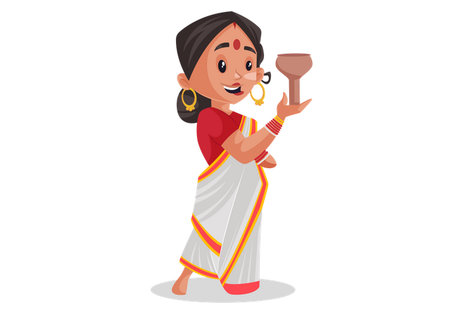 Bengali woman holding lamp for worship of Goddess Durga  Illustration