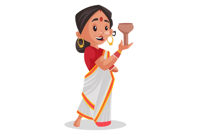 Bengali woman holding lamp for worship of Goddess Durga  Illustration