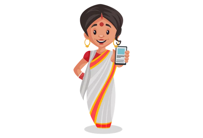 Bengali woman holding mobile in her hand  Illustration