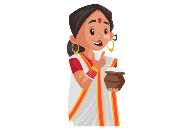 Bengali woman holding rasgulla pot in hand and eating rasgulla  Illustration