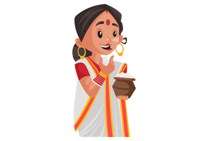 Bengali woman holding rasgulla pot in hand and eating rasgulla Illustration