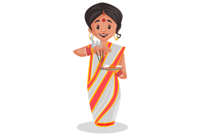 Bengali woman is holding worship plate in hand  Illustration