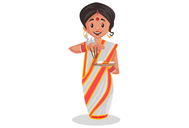 Bengali woman is holding worship plate in hand  Illustration