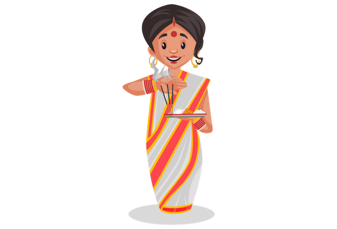 Bengali Frau hält Anbetung Platte in der Hand  Illustration