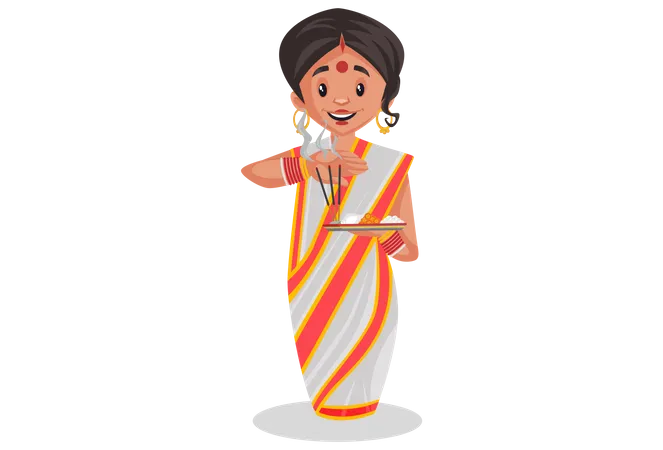 Bengali Frau hält Anbetung Platte in der Hand  Illustration