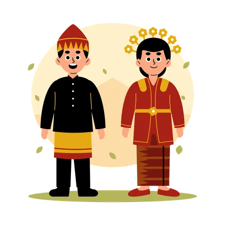 Casal tradicional de Bengkulu em roupas culturais  Ilustração