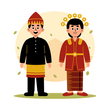 ベンクルの伝統的な民族衣装を着たカップル  イラスト