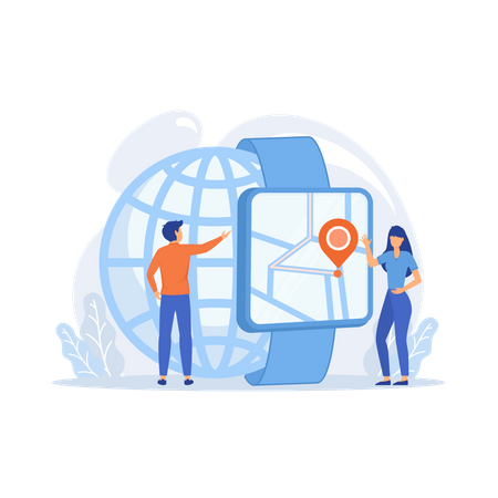 Benutzer schauen auf die Smartwatch mit GPS-Navigations-PIN  Illustration