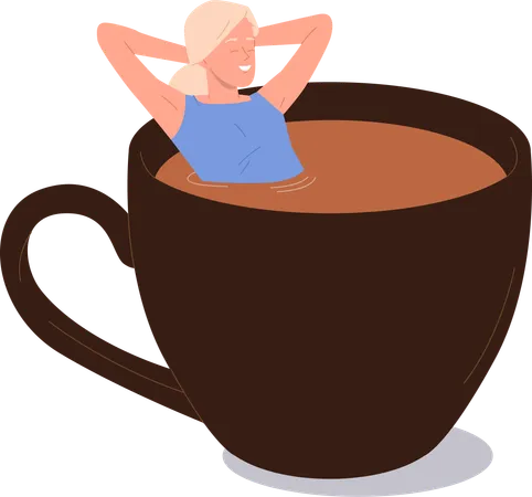 Bequeme, entspannte Frau genießt die Ruhe, die in einer riesigen Kaffeetasse aus Keramik sitzt  Illustration