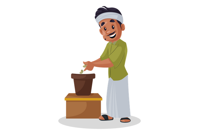 Homem do viveiro colocando sementes no vaso  Ilustração