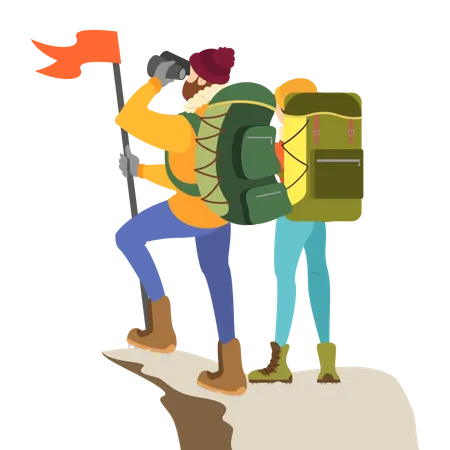 Bergsteigerpaar steht mit Fahne auf dem Berggipfel  Illustration