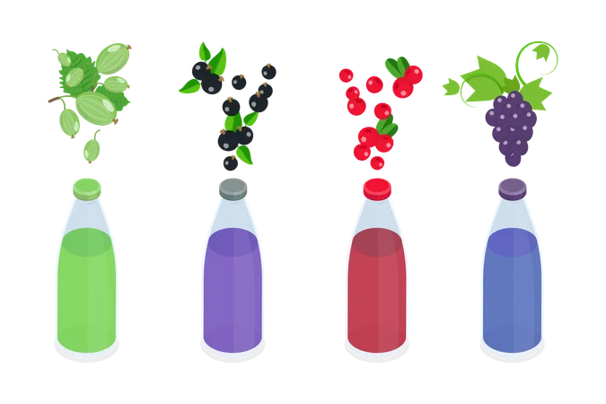 3 D Isometric Flat Vector Set Of Bottles With Berry Beverage Fresh Squeezed Juice Illustration