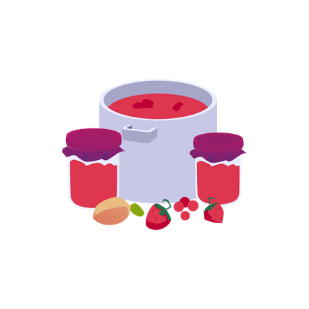 Berry jam or confiture in pan and jars  Illustration