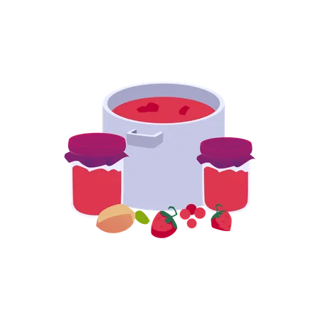 Berry jam or confiture in pan and jars  Illustration