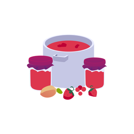 Berry jam or confiture in pan and jars  Illustration