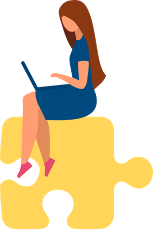 Beschäftigte Frau mit Laptop sitzt auf Puzzleteil  Illustration