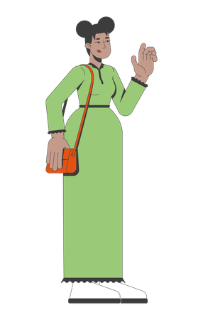 Bescheidene schwarze Frau im langen grünen Kleid mit Handtasche winkende Hand  Illustration
