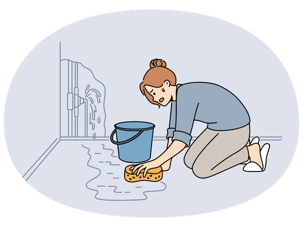 Besorgte Frau reinigt Wasser aus geplatztem Rohr  Ilustración