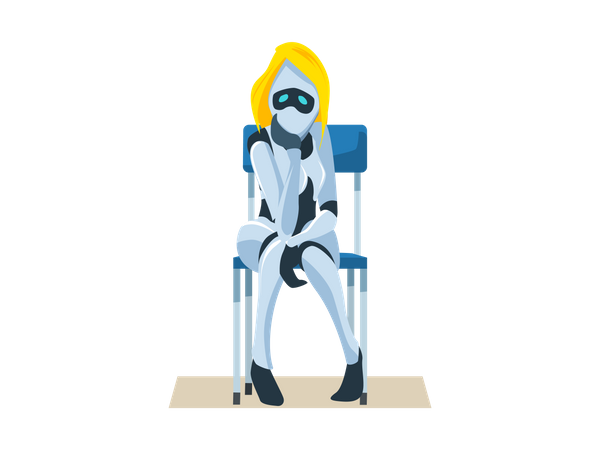 Besorgter weiblicher Roboter, der auf Stuhl sitzt  Illustration