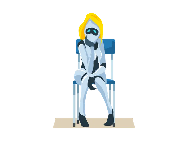 Besorgter weiblicher Roboter, der auf Stuhl sitzt  Illustration