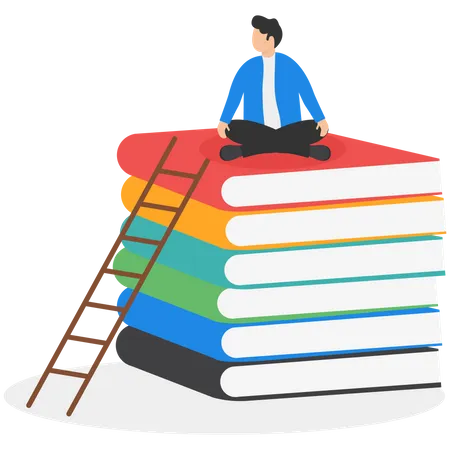 Best Book To Help Entrepreneurs Succeed In Business Knowledge Or Skill To Succeed And Overcome Obstacle Concept Smart Success Businessman Meditating And Learning New Skills On Stack Of Business Books Illustration