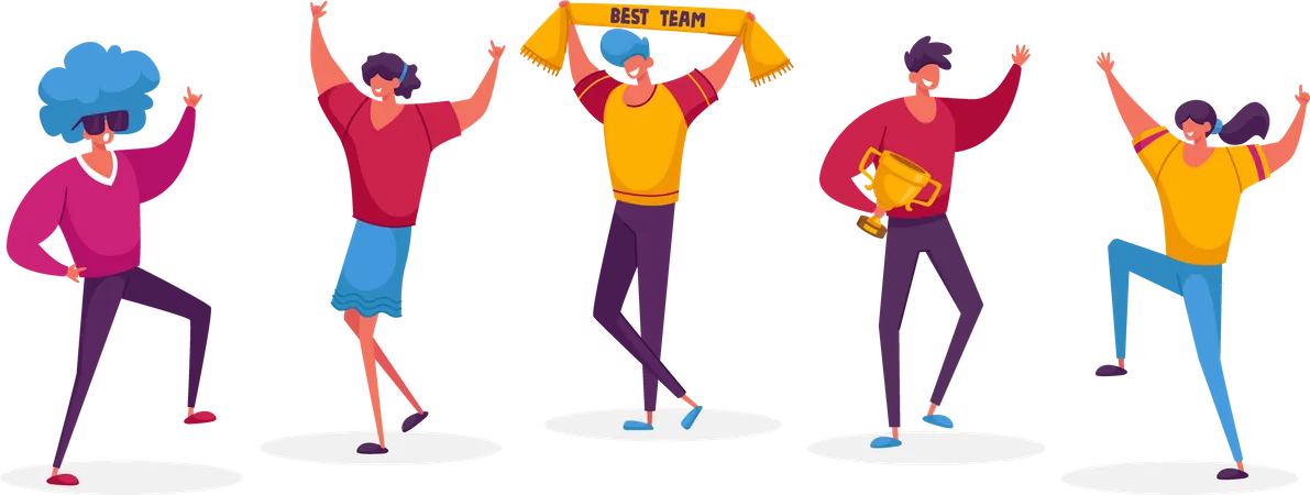 Successful Business Team Male And Female Characters Stand In Row Posing With Winners Trophies Celebrating Victory Successful Project Teamwork Victory Concept Linear People Vector Illustration Illustration