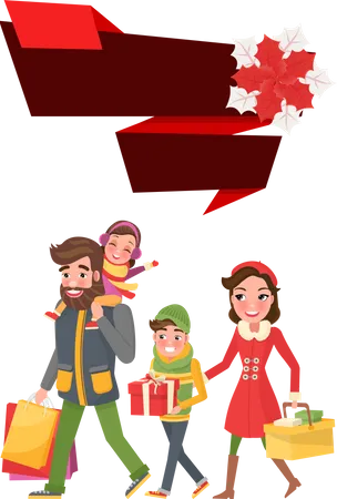 Best Discount 30 Percent Off Price Shopping People Vector Mother And Father Daughter And Son Walking With Presents And Gifts Packages And Bags 일러스트레이션