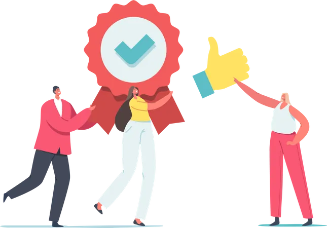 Approval Quality Level Improvement Concept Tiny Male And Female Characters Carry Huge Seal Stamp With Award Ribbon And Green Tick With Thumb Up Like Satisfaction Cartoon People Vector Illustration Illustration