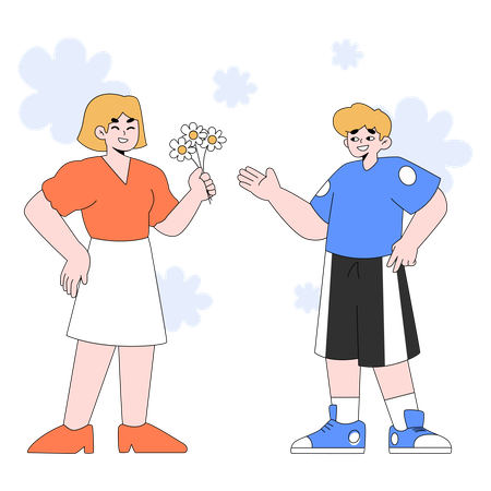 Best Friends giving Flowers  Illustration