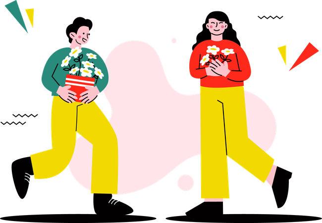 Best Friends giving Flowers  Illustration