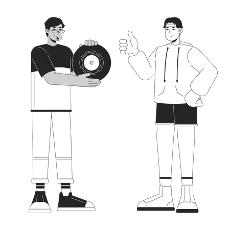 Showing Off Vinyl Record Black And White Cartoon Flat Illustration Best Friends Male Retro Enthusiasts Diverse 2 D Lineart Characters Isolated Nostalgia Fashion Monochrome Scene Vector Outline Image Illustration
