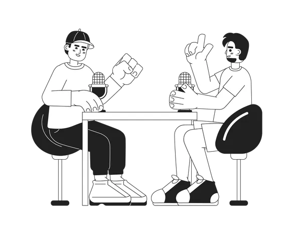 Best Friends Men Podcasters Black And White 2 D Cartoon Characters Young Adult Guys Excited Talking Isolated Vector Outline People Communicate Dialog Over Mics Monochromatic Flat Spot Illustration Illustration