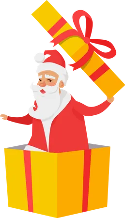 Best Presents From Santa Claus On White Background Vector Illustration Of Man In Warm Coat And Soft Hat Inside Yellow Box With Red Ribbon And Beautiful Bow Element Of Decor For Christmas Holidays Illustration