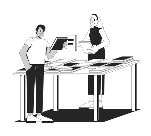 Verschiedene männliche und weibliche Besucher der Buchmesse wählen Bücher aus  Illustration